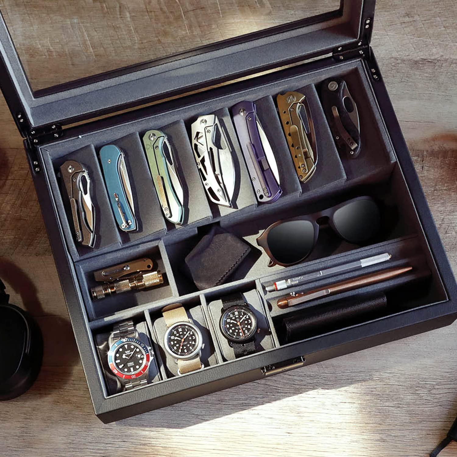 Kaviso Cache Display Valet - EDC, Blade, Watch, and Jewelry Locking Storage Case, USB Pass-through, Microfiber Lining, Faux Leather, Stackable (Valet) Black