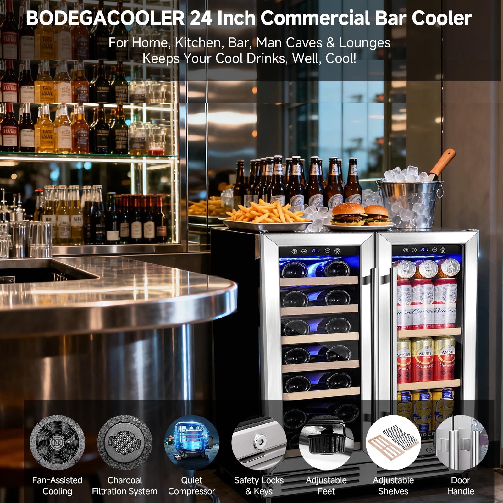 BODEGA 24 Inch Wine and Beverage Refrigerator, Dual Zone Wine and Bar Beverage Cooler, Commercial Black Bar Cooler With 2 Glass Doors, Bar Fridge Hold 19 Bottles and 57 Cans,Built-In or Freestanding.