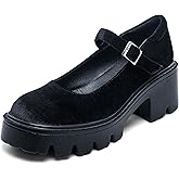 Elvora Women's Mary Jane Shoes - Platform Mary Janes for Women, Black Velvet Round Toe Chunky Dress Shoes with Adjustable Ankle Strap