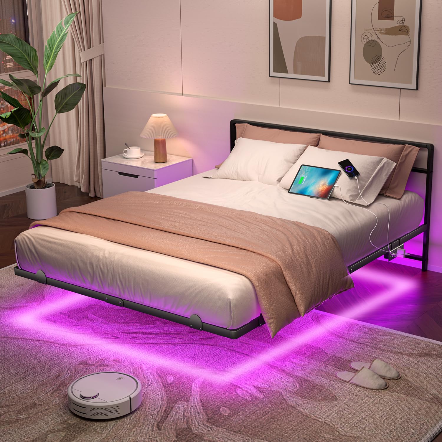 Full Floating Bed Frame with Headboard, Modern Platform Bed Frame with LED Lights and USB Charging Station, Sturdy Metal Bed Frame for Adults, No Box Spring Needed, Easy Assembly, Noise Free Design