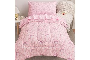 Viviland Rainbow Heart Toddler Comforter Sets, Cute Girls Toddler Bedding Set, Soft Microfiber Pink Toddler Bed Set