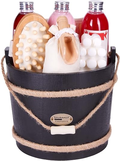 BRUBAKER Cosmetics Wooden Pail Spa Bath Gift Set Cranberry 9 Pieces Natural