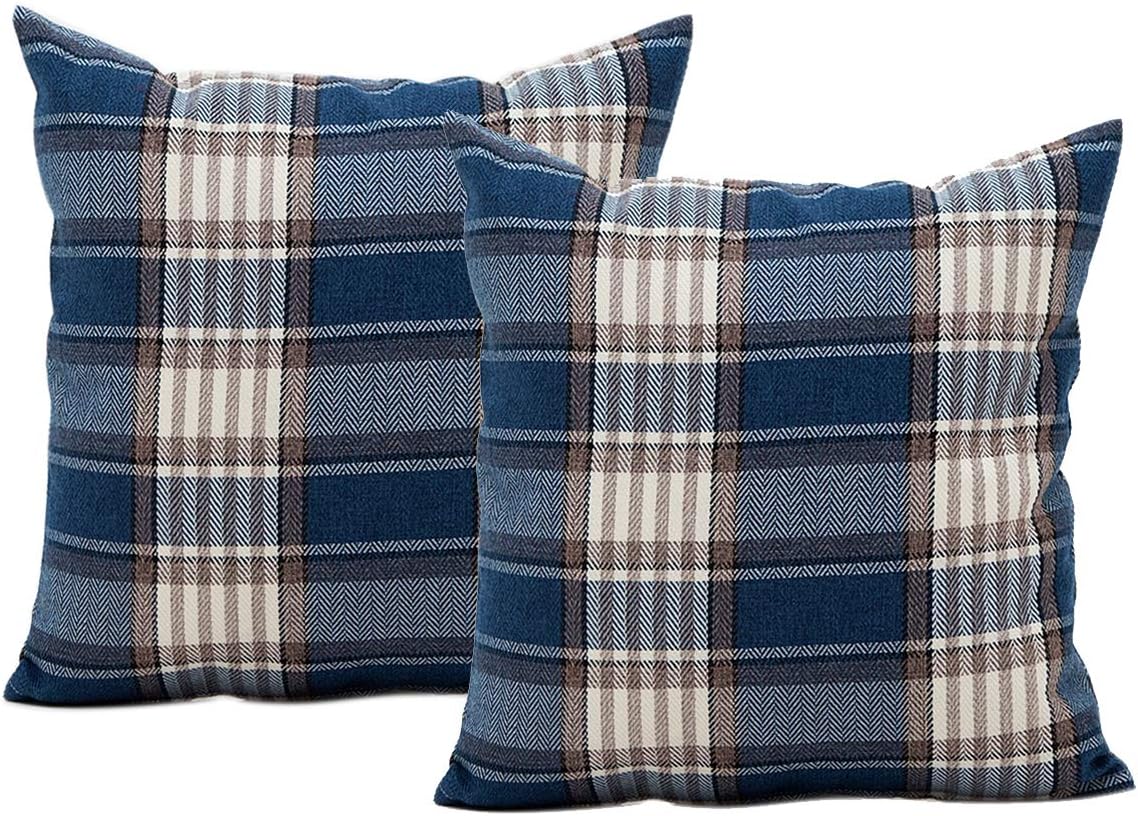 Jiuhong Cotton Linen Throw Pillow Covers Farmhouse Decor Checkers Plaids Square Cushion Case Home Decorative for Sofa Bedroom Car, 2 Pack (Navy, 18 x 18 Inch)