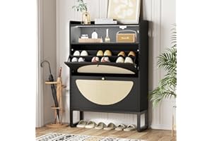 FiveWillowise Shoe Storage Cabinet, Rattan Shoe Cabinet with 2 Flip Drawers & Sensor Light for Entryway, Narrow Free Standing Shoe Racks for Entryway, Hallway, Black