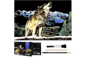 MeowHaus Scratch Art Rainbow Painting Paper Animal - Wolf, DIY Crafts Womens Hobbies Engraving Art for Kids & Adults Scratch Painting Sketch Pads Scratchboard Birthday Creative Gift 16” x 11.2”