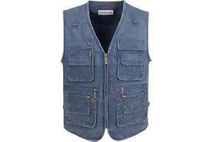 LUSI MADAM Men's Stone Washed Denim Multi-Pocketed Fishing Work Outerwear Vest