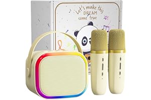 WUGIHAN Mini Karaoke Machine for Kids, Portable Bluetooth Speaker with LED Light, 2 Wireless Microphones with Fun Voice Changing Function, Perfect Birthday Party Toy Gift for Girls and Boys (Beige No Pattern)