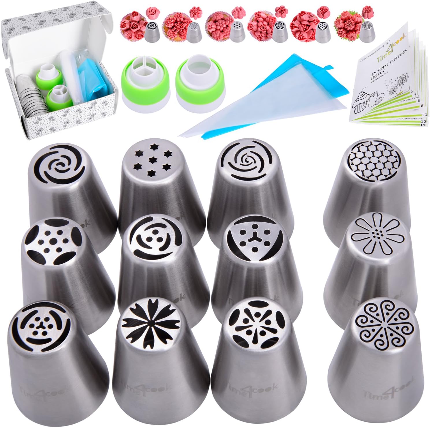 Baking supplies set 25 pcs - Russian piping tips newest patterns - big size 9 flower icing tips and 3 Malaysia pastry nozzles with accessories included in Cake decorating set