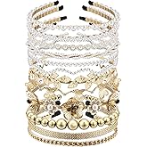 Juinte 12 Pcs Pearls Headband Rhinestones Hairbands Faux Pearl White Bridal Headband Gold Alloy Flower Head Band Metallic Butterfly Hair Hoop Wedding Hair Accessories for Women, 12 Styles