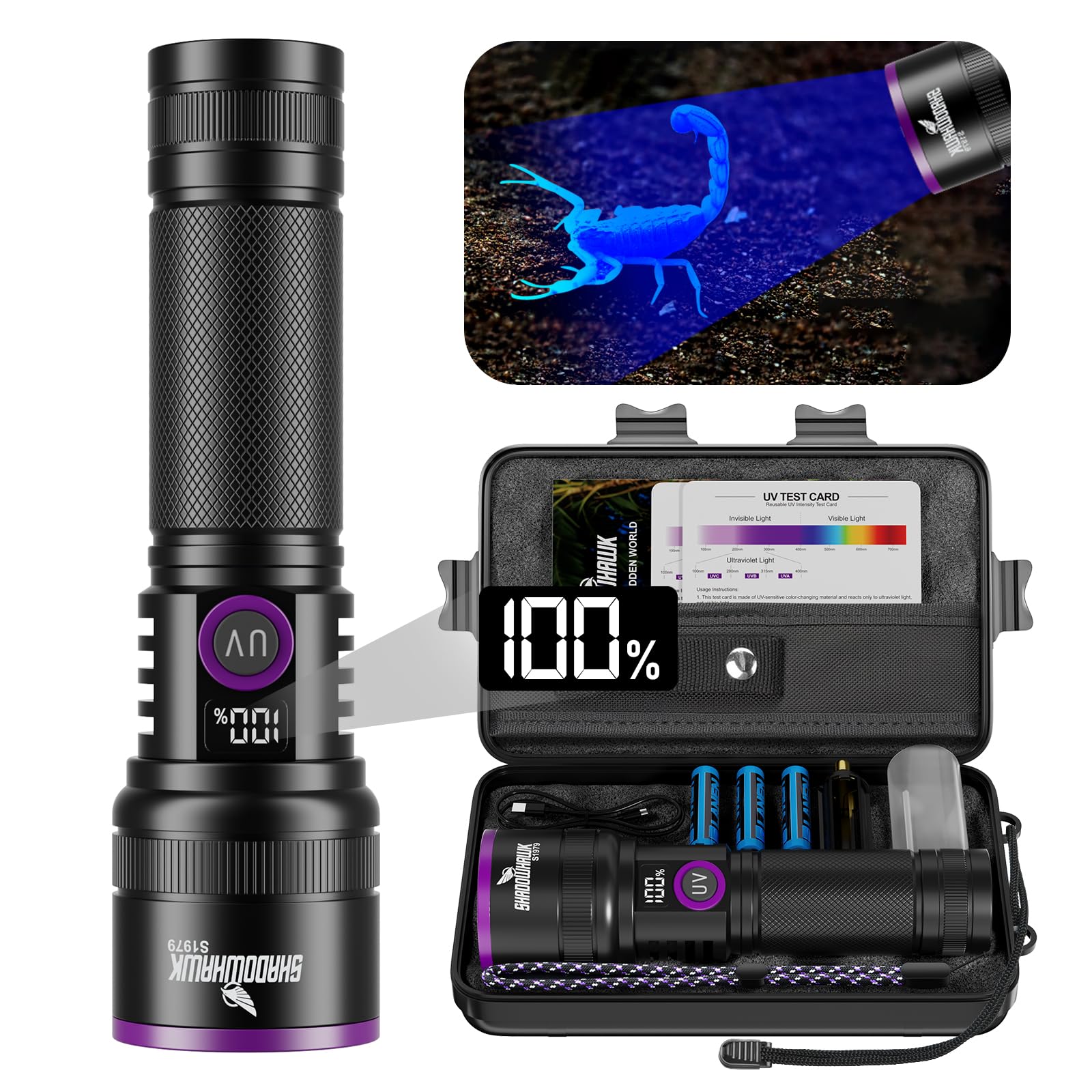 365nm UV Flashlight with Filter Lens - 30w Powerful Black Light Flashlight Rechargeable Ultraviolet Blacklight for Pet Urine Detection/Resin Curing/Rocks/Scorpion/Blood Tracking etc., with LCD Display Image