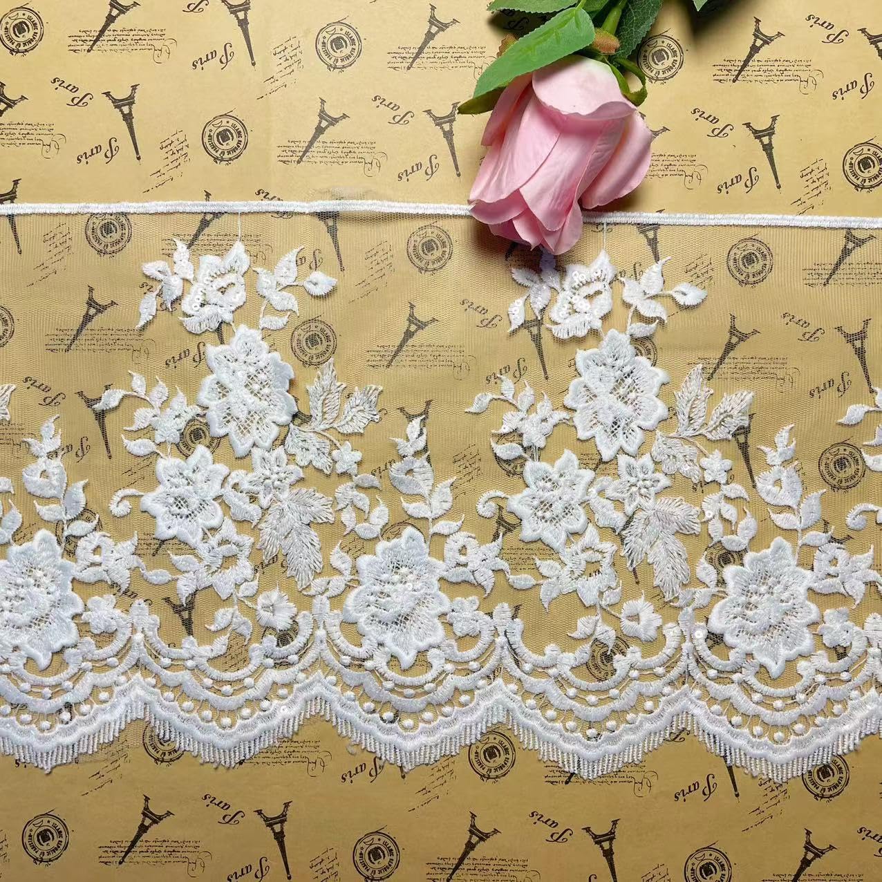 22CM Width Europe Bead net Flower Pattern Inelastic Embroidery Trims,Curtain Tablecloth Slipcover Bridal DIY Clothing/Accessories.(2 Yards in one Package) (White)