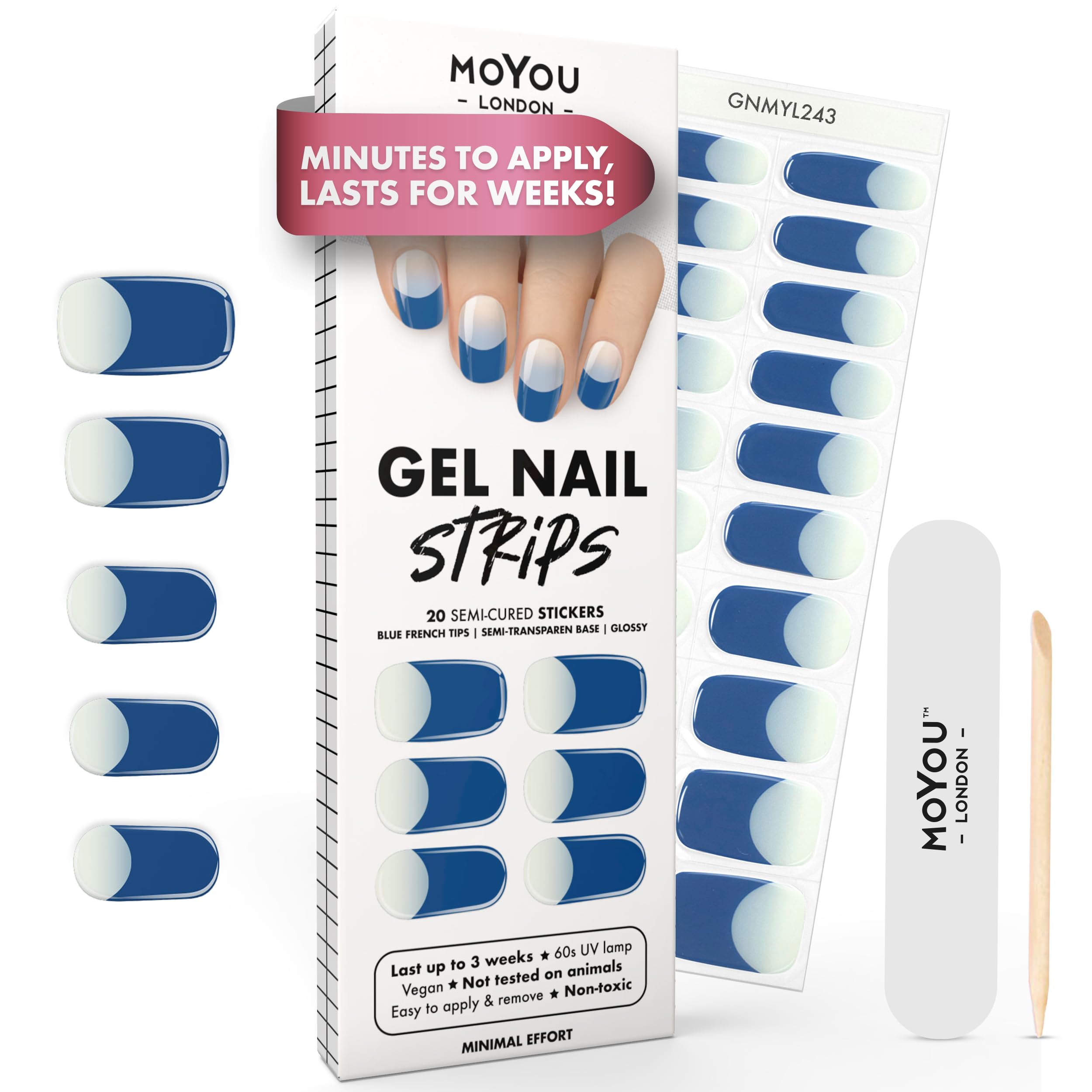 MOYOU LONDON Semi Cured Gel Nail Strips - 20 Pcs. Waterproof Gel Nail Wraps, Cures in Sunlight or UV/LED Lamp, Lasts Up to 2+ Weeks, Stretchable, Easy to Apply & Remove, Vegan & Cruelty-Free