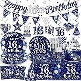 Yingoto 162pcs 16th Birthday Decorations for Boys Navy Blue Silver Include 16th Birthday Plates and Napkins Set, Banner, Hanging, Tablecloth, Cake Topper, for Boys Girls 16th Birthday Party, Serve 25