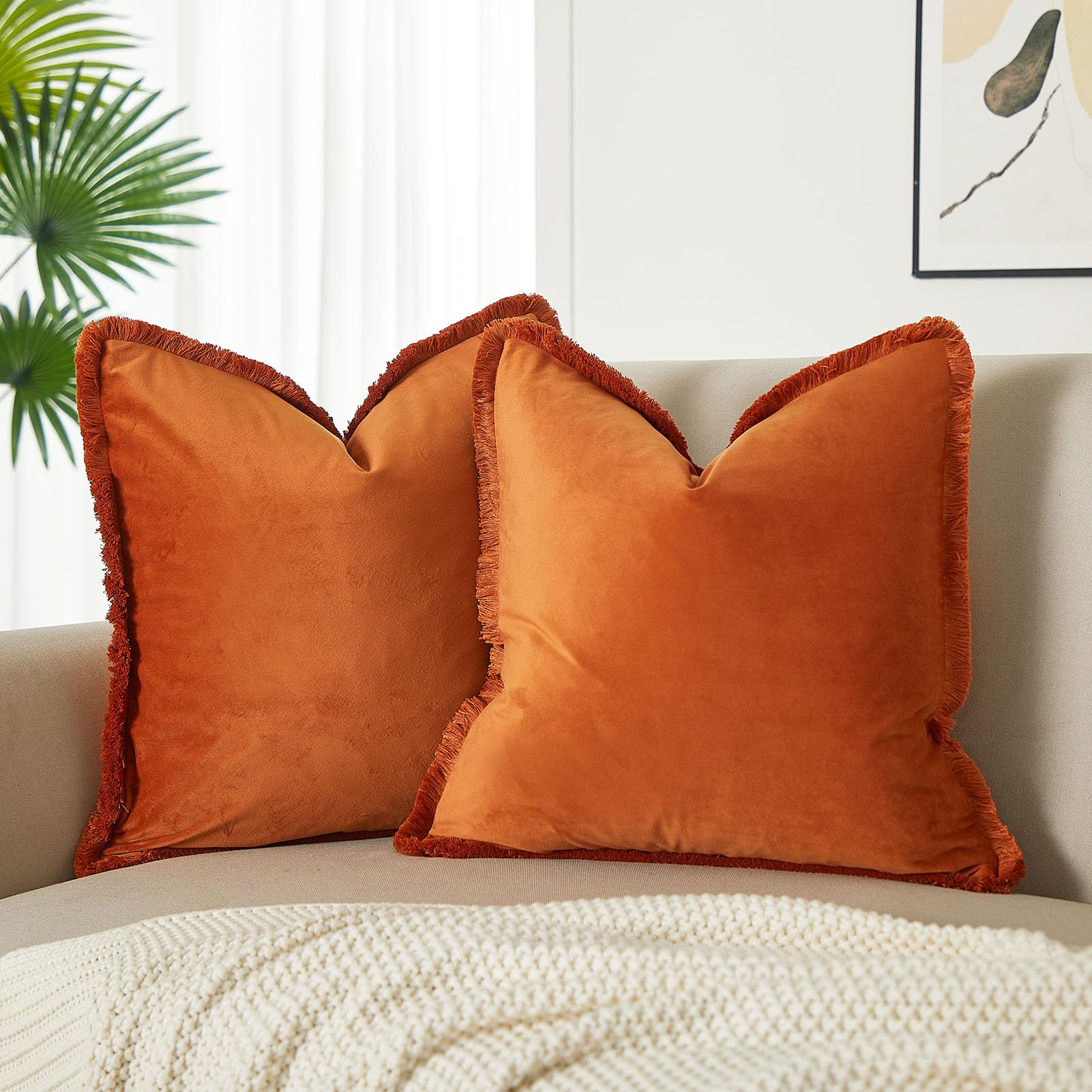 Photo 1 of JUSPURBET Pack of 2 Rust Decorative Fringe Velvet Throw Pillow Covers 22x22 for Home Decor Living Room Bedroom Car Boho Soft Cushion Cover with Hidden Zipper Machine Washable