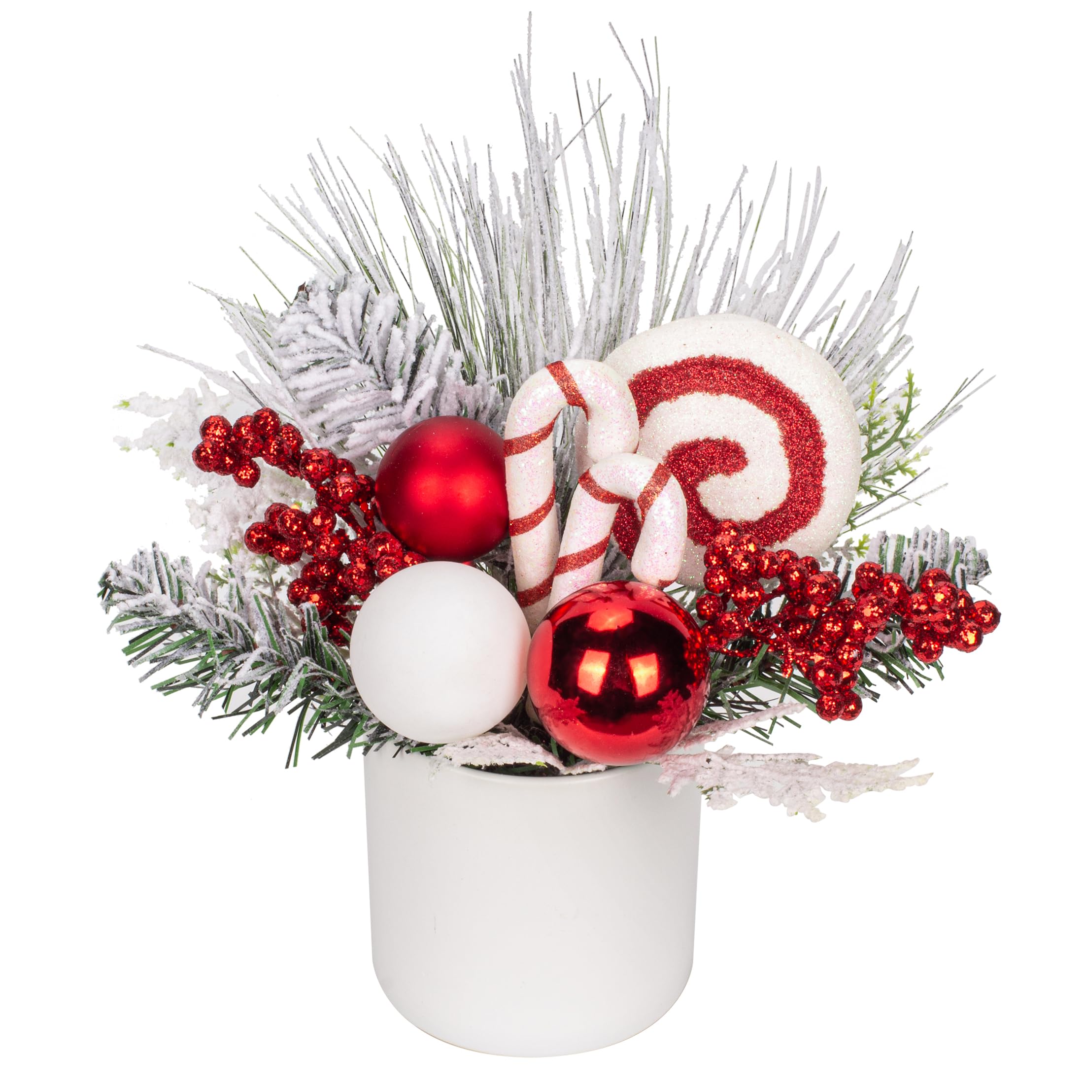 Hollyone 10" Christmas Potted Decorations, Artificial Berries, Lollipops, Xmas Baubles, Frosted Pine Needles, Centerpiece Decor in Ceramic Pot for Home, Living Room, Kitchen, Table, Shelf