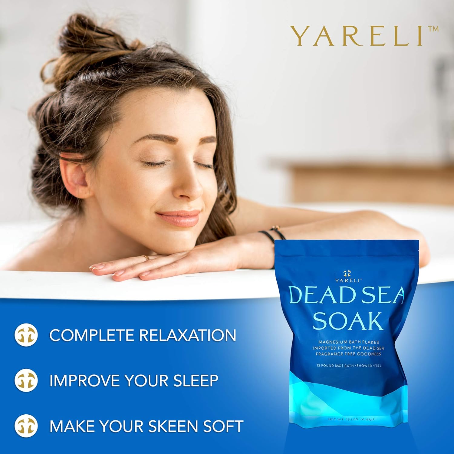 Yareli Dead Sea Bath & Foot Soak, Unscented Magnesium Bath Salt Flakes, Stronger Alternative to Epsom Salt 15lbs: Health & Personal Care
