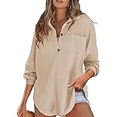 DERAX Women's Oversized Waffle Knit Tops Henley Shirts Long Sleeve V Neck Loose Fit 2026 Spring Tunic Blouse