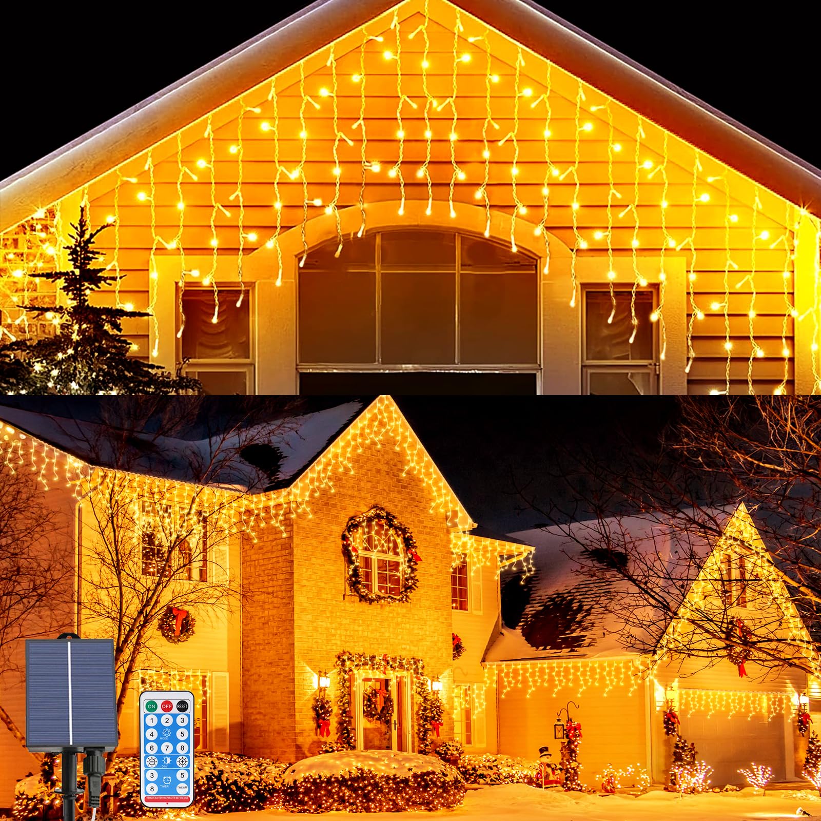 OPAHUTER Solar Icicle Lights Outdoor, 23Ft 256 LEDs Christmas Icicle Lights with 8 Lighting Modes, Remote Control, IP65 Waterproof Curtain Fairy Lights with 32 Drops for Window Xmas Garden Gazebo