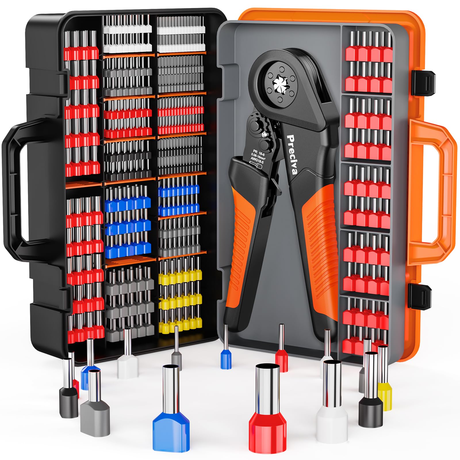 Photo 1 of Preciva Ferrule Crimping Tool Kit - AWG 28-5 (0.08-16mm²) Hexagonal Ferrule Crimper with 950Pcs Single and 350Pcs Twin Ferrules Connectors, Self-Adjustable Ratchet Ferrule Terminals Crimping Tool