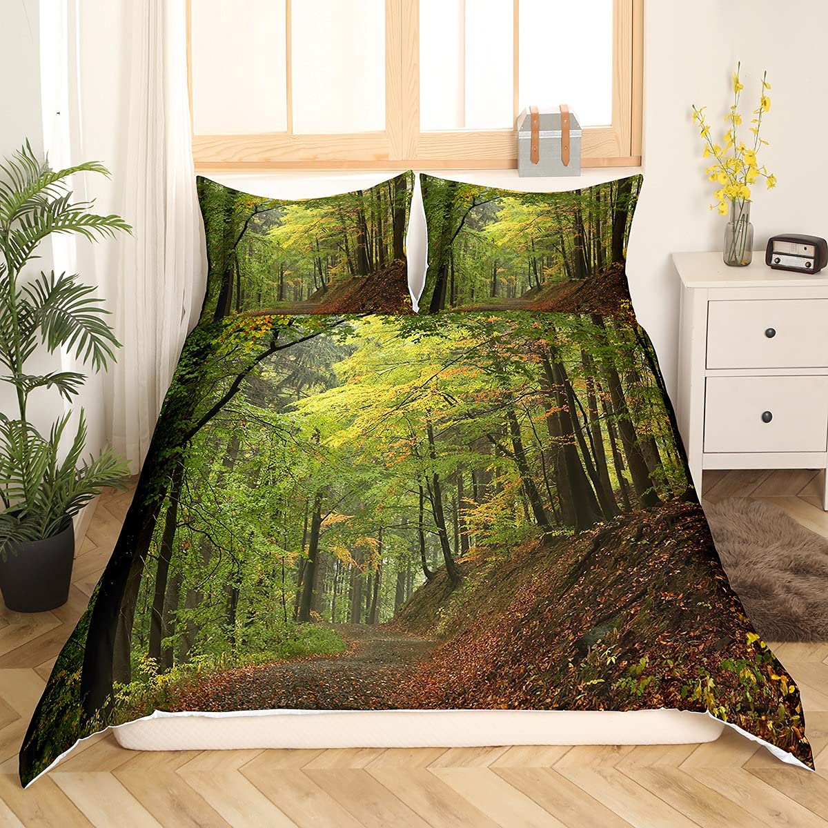 Forest Bedding Set Double Size Autumn Forest Comforter Cover Trees Foggy Print Duvet Cover Set with 2 Pillowcases Soft Microfiber Zipper Decorative Woodland Scene Quilt Cover 3 Piece Lightweight
