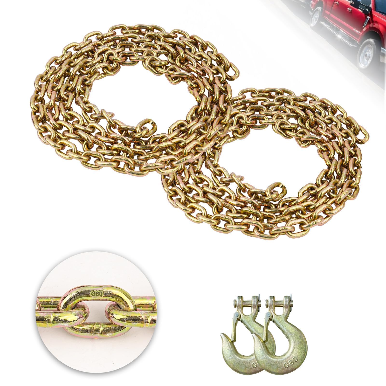 Photo 1 of Lechansen G80 Trailer Safety Chain 39inch, 2 Pack 3/8" G80 Tow Chains with Hooks, 2pcs 3/8" G80 Clevis Slip Hooks, 7,100 lbs Working Load Transport Binder Chains with Hook for Towing, Truck