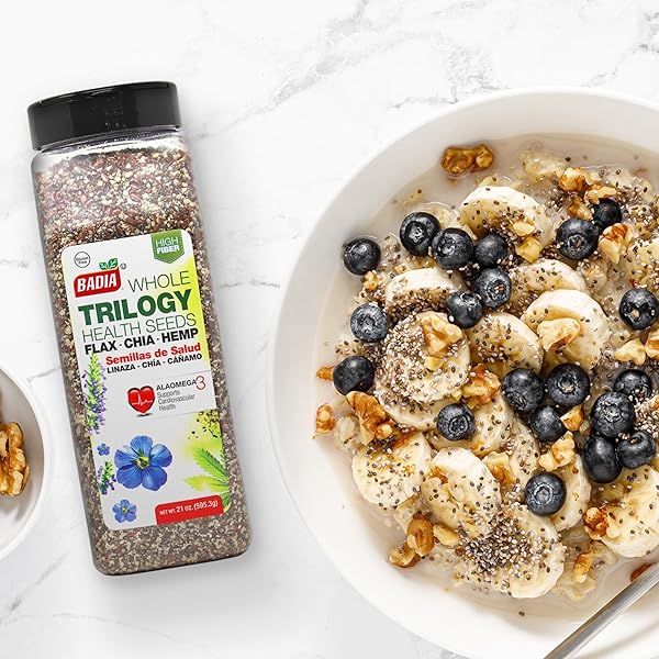 BADIA TRILOGY HEALTH SEED, FLAX, CHIA, HEMP SEEDS BLEND, HIGH FIBER SUPERFOOD MIX, OMEGA-3, 21 OZ
