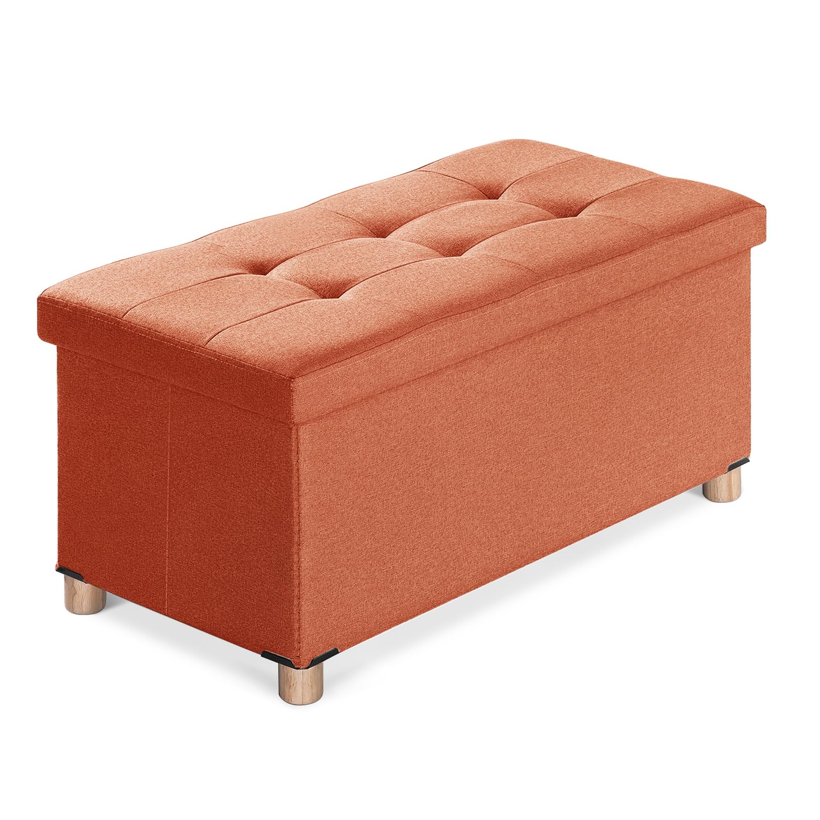 BRIAN & DANY Ottoman Storage Box with 4 Wood Legs, Linen Storage Ottoman for Living Room, Orange, 76 x 38 x 38 cm