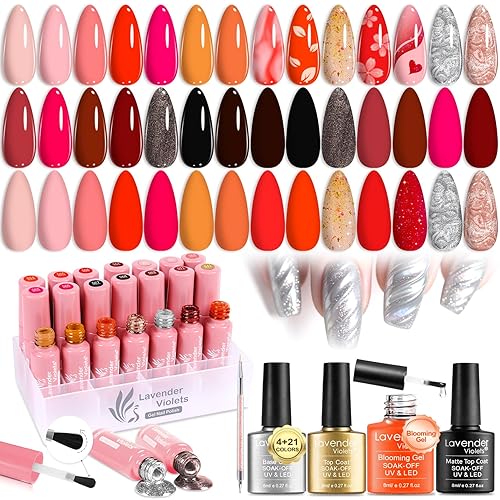 Lavender Violets 25 Pcs Gel Nail Polish Rose Gold Pearl Shell Cat Eye Mulit Effect kit Blooming Gel Base Coat,Glossy n Matte Top Coat Dotting Liner Brush Manicure Varnish Gift Box for Women C401