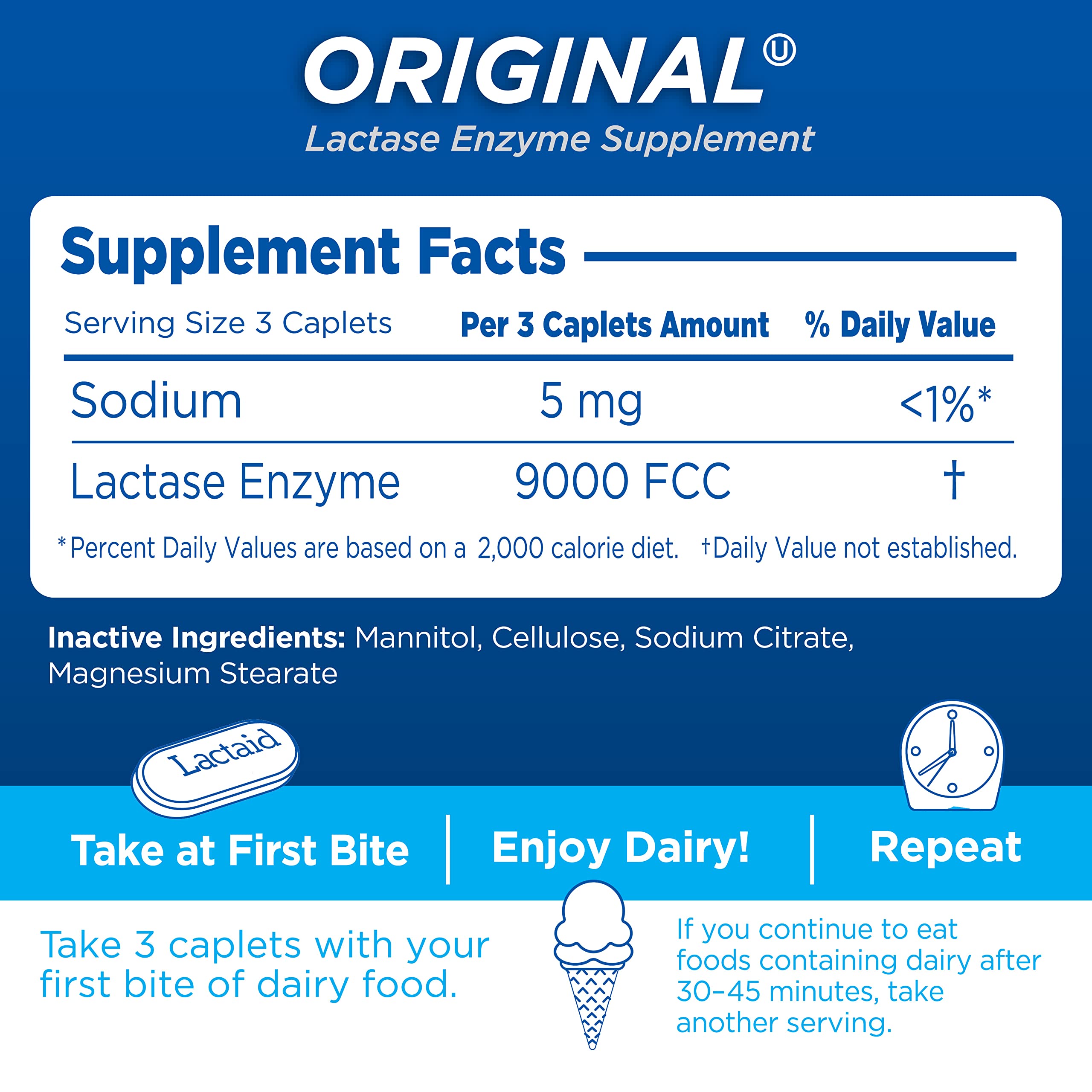 Lactaid Original Strength Lactose Intolerance Pills, 9000 FCC Natural Lactase Enzyme Dairy Relief Caplets, Helps Prevent Gas, Bloating & Diarrhea Due to Lactose Sensitivity in Adults & Kids, 120 Count