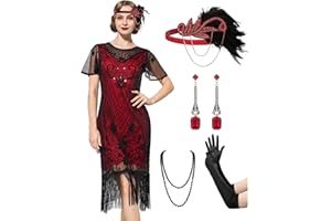 SWEETV Great Gatsby Dresses for Women,Lace Neck Flapper Dresses 1920s Dresses for Women with Sleeve-Roaring 20s Costume