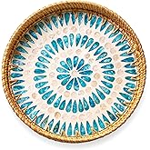 JUNGLE CULTURE Rattan Serving Tray 12" with Mother of Pearl Inlay • Coastal Boho Collection • Handcrafted Woven with Handles for Home • Round Dining Table Tray • Wicker Serving Basket – Ripple