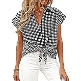 PRETTYGARDEN Womens Short Sleeve Shirts Plaid Button Down Blouse Dressy Casual 2026 Summer Spring Business Gingham Work Tops