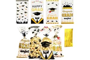 Leislam Graduation Treat Bags, Graduation Cellophane Treat Bags, 200 PCS Graduation Gift Bags, Graduation Cello Candy Cookie Bags with 200 Pcs Gold Ties for Graduation Party Favors Supplies, 4 Styles
