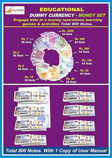 StepsToDo (with device) | Dummy Currency Kit (Total 800 Notes) | with Activity Manual | Latest Design | Soft Laminated | Thick Paper | Relative Varying Size | Learn Practical Skills | Play Games