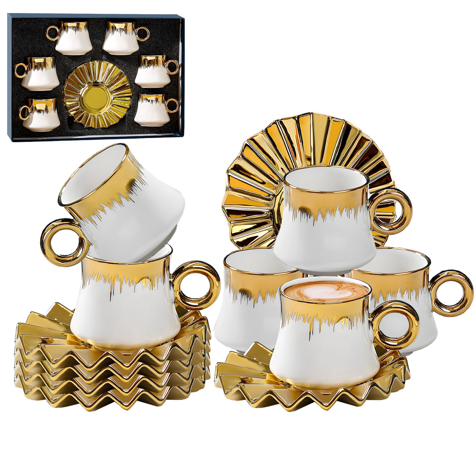 Photo 1 of Turkish Coffee Cup Set of 6 with Saucers,3.5oz Ceramic Espresso Cups, Gold-Plated Rim,Ottoman-Style White & Gold Design, Gift Box with Window – Ideal for Turkish Coffee, Espresso & Home Decor