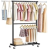 MWQ Rolling Clothing Garment Rack with Shelves & Casters, Clothes Rack with 35” to 50“ Expandable Rod for Hanging, Load 150 L