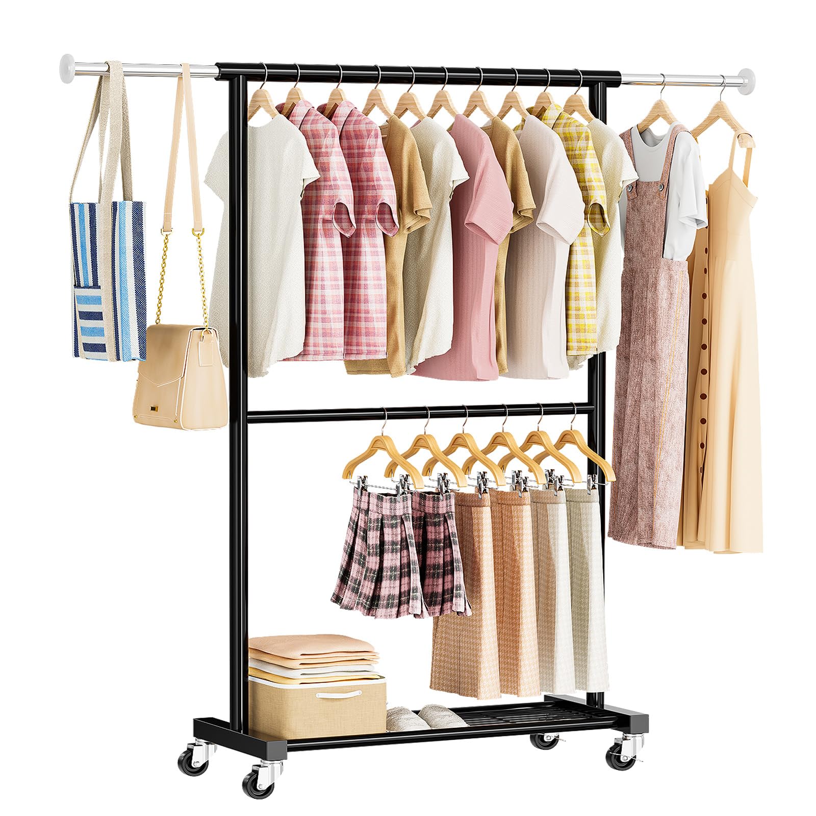 Photo 1 of MWQ Standard Clothing Garment Rack, Rolling Clothes Organizer with Wheels and Bottom Shelves, Extendable, Black, M24GR001