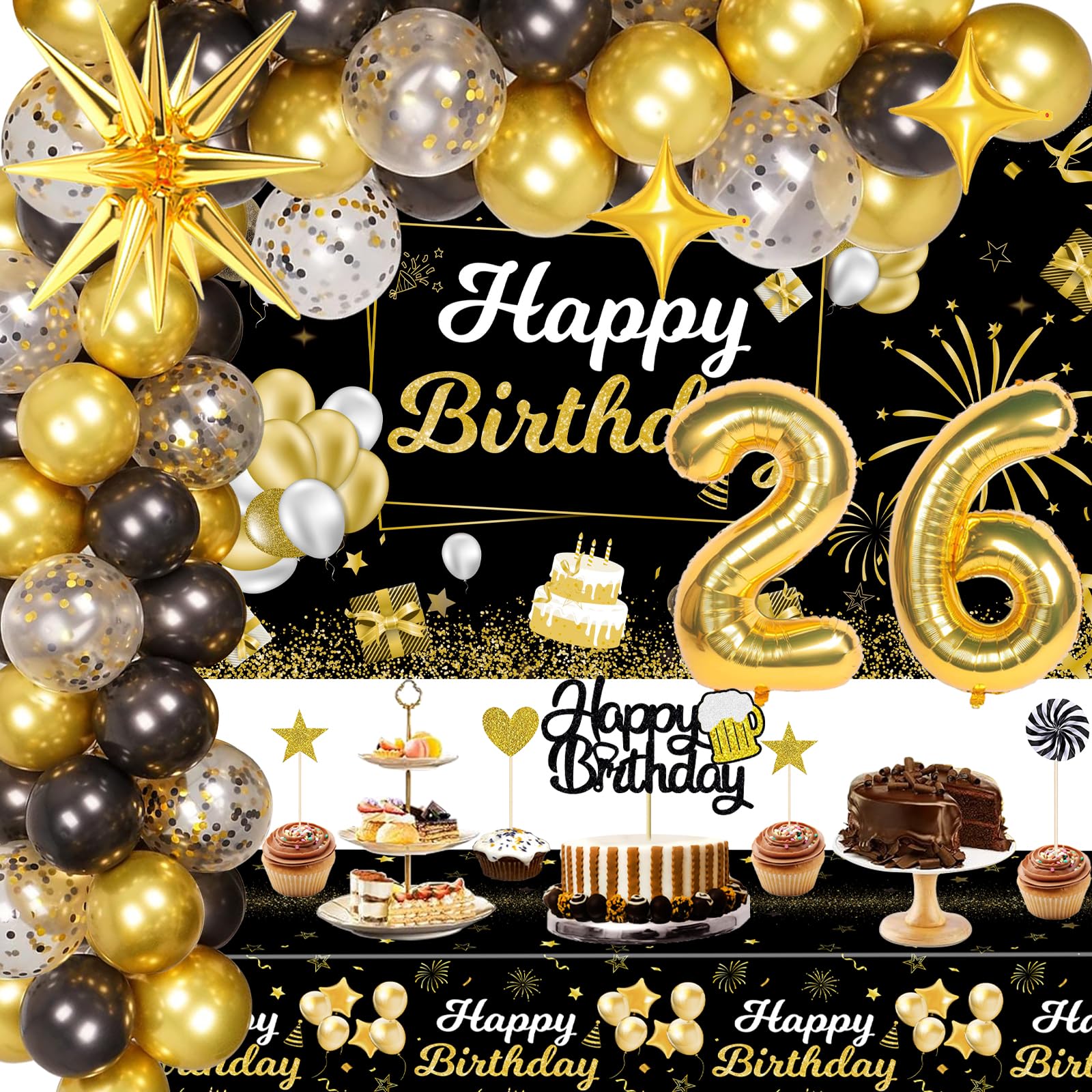 Photo 1 of Miidenks 26th Birthday Decorations for Men, 26 Birthday Decorations Include Black and Gold Backdrop Banner, Tablecloth, Gold 26 Number Balloons, Explosion Star Balloons