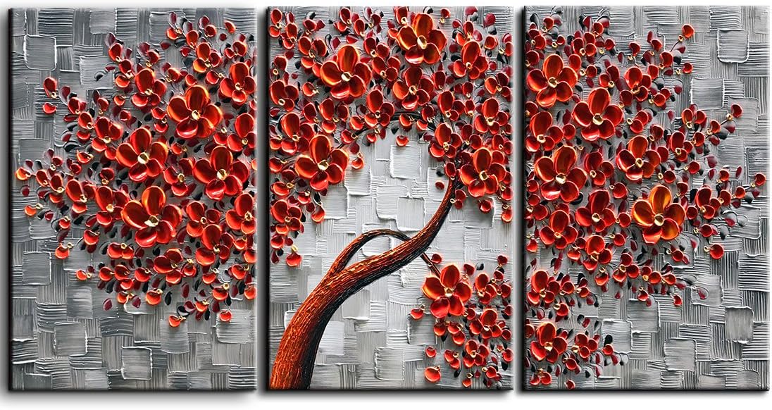 Paintings - YaSheng Art - 28x20inchx3 Hand Painting Oil Paintings On Canvas 3D Red Flower Trees Paintings Modern Home Wall Decoration Abstract Artwork 3 Panels Landscape Paintings