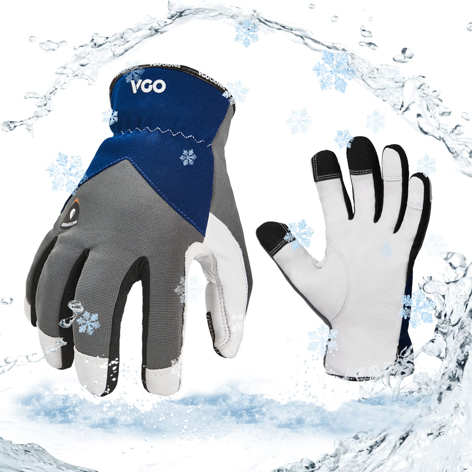 Vgo... Winter Work Gloves Waterproof Touchscreen, Thermal Glove 3M Thinsulate Lining in Cold Weather Touchscreen for Freezer Warehouse Walking, 1 pair