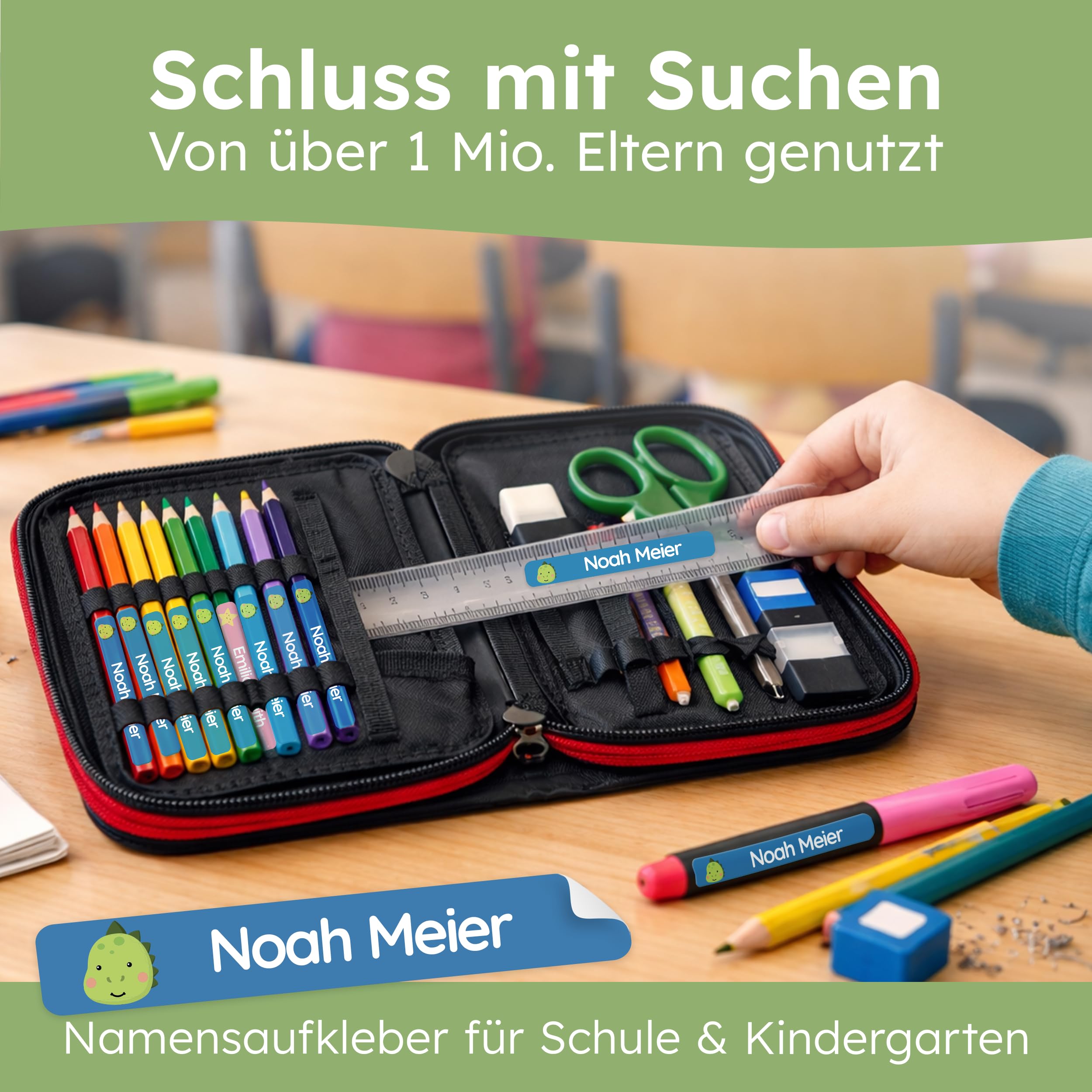 melu kids® Namensaufkleber Kinder für Schule & Kita (75 Stück) - Personalisierte Aufkleber mit Namen für Stifte und alle Schulsachen - Wasserfest in Spülmaschine (Himmelblau) 2