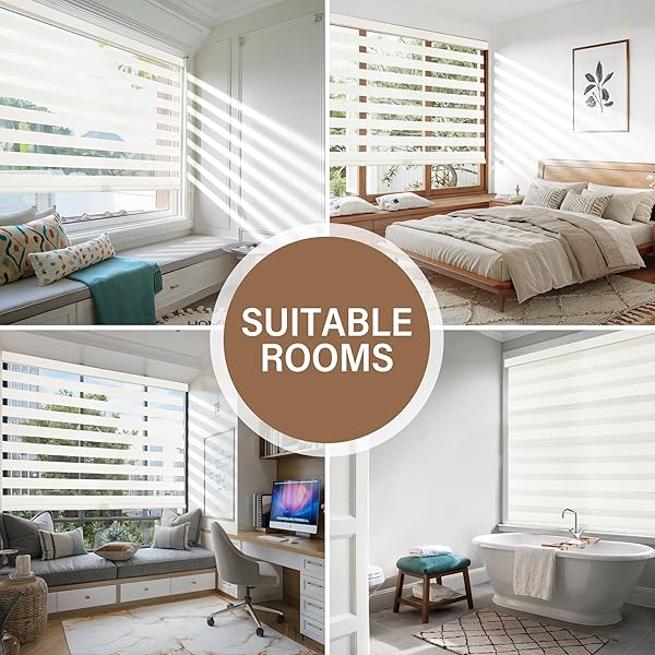 AOSKY CORDLESS ZEBRA BLINDS FOR WINDOWS PULL DOWN ROLLER WINDOW SHADES DUAL LAYER LIGHT FILTERING PRIVACY FOR DAY AND NIGHT, FREE-STOP DOOR SHADES FOR HOME EASY TO INSTALL (26″ W X 72″ H, BEIGE)