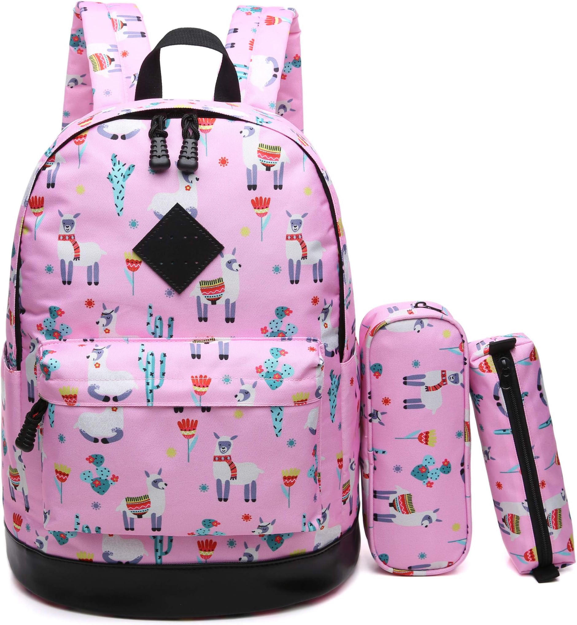CrossLandy Waterproof Kids School Bookbag Girls and Boys Lightweight College 15“ Laptop Travel Backpacks Set（Pink Alpaca Printed）