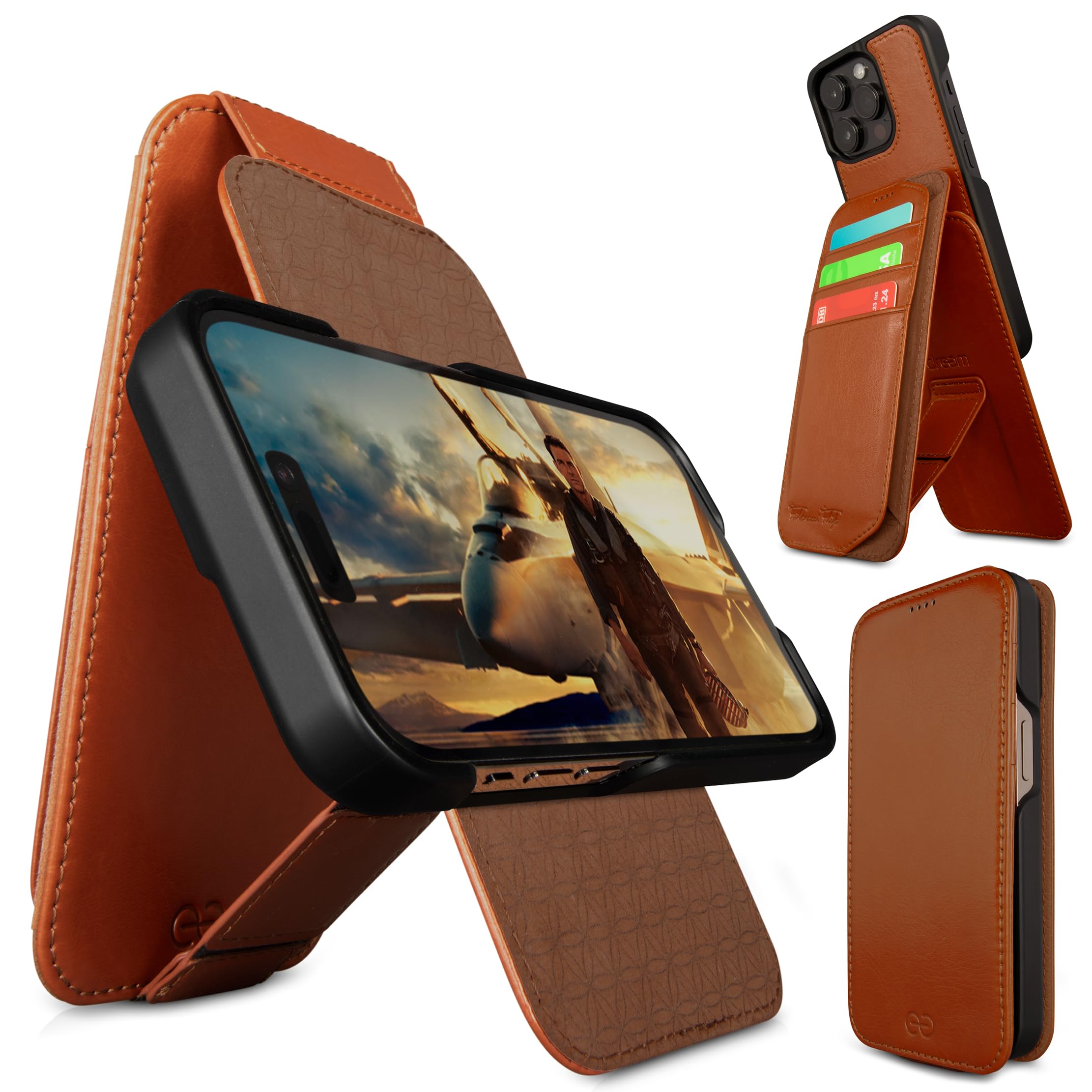 dreem Fibonacci Flip 14 Pro Max Wallet Case for iPhone - Vegan Leather Detachable Wallet Folio with RFID Protection and Shockproof MagSafe Case - iPhone Leather Wallet Case for Men & Women [Caramel]