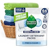 Seventh Generation Laundry Packs, Free &amp; Clear, Sensitive Skin, 64 Count | Bio-enzyme &amp; mineral power targets tough stains &amp; odors; made for sensitive skin; 0% dyes &amp; fragrances; EPA Safer Choice