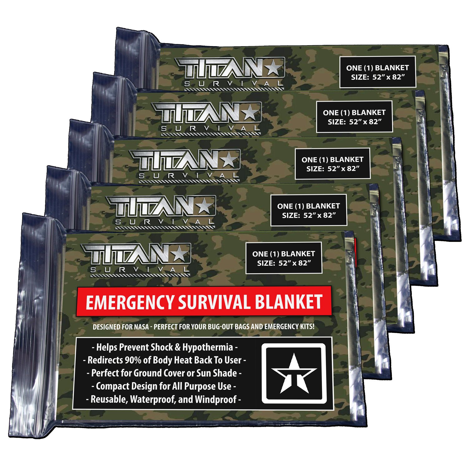 TITAN TwoSided Emergency Mylar Survival Blankets, 5Pack Forest Camo