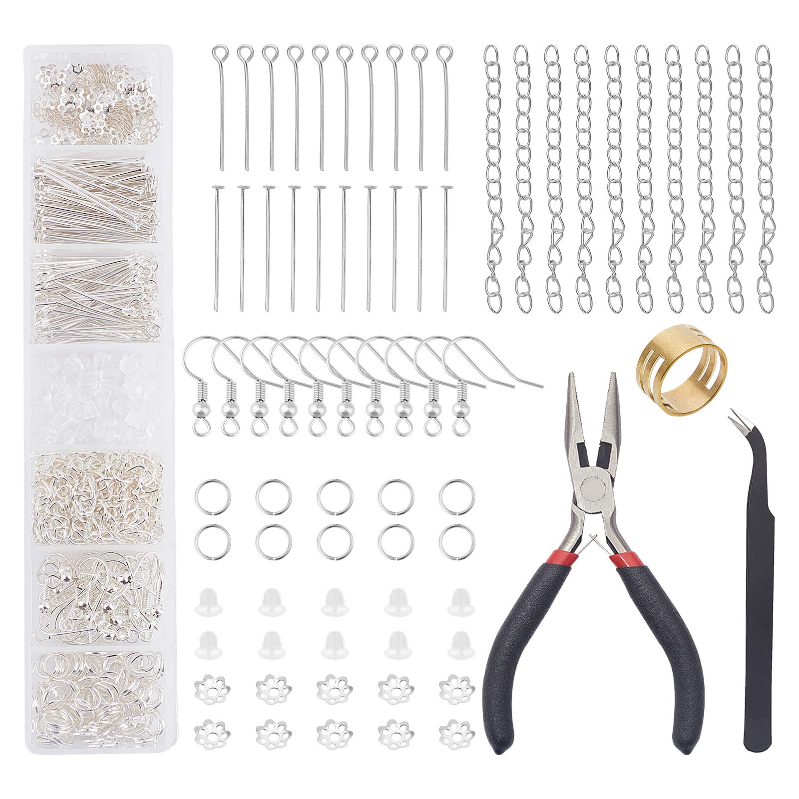 PandaHall 558 Pcs Earring Making Kit Including Earring Hooks Ear Nuts Jump Rings Bead Caps Eye Pins Head Pins Chain Extender Needle Nose Plier Tweezer for DIY Earring Jewelry Craft Making, Silver