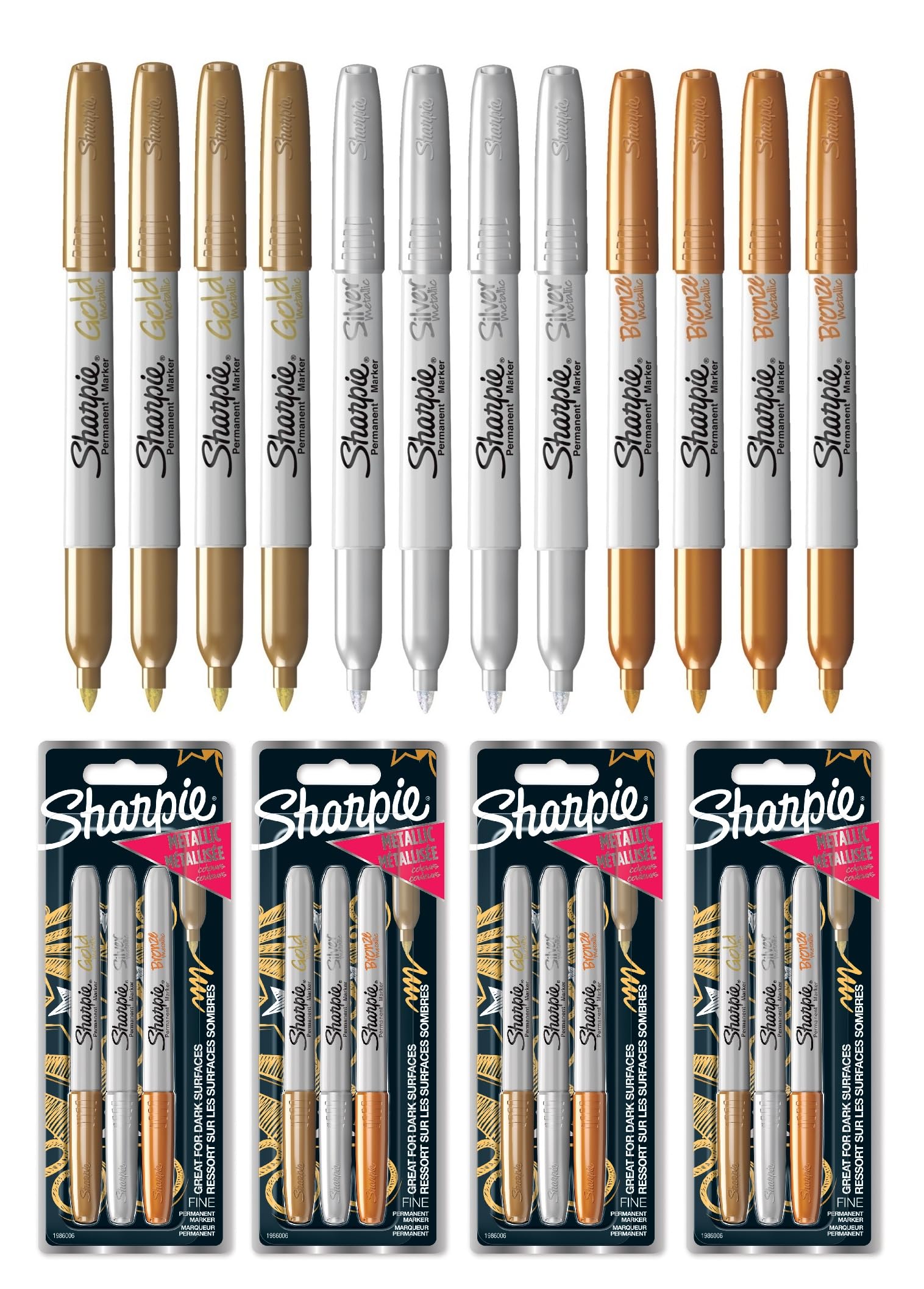 Sharpie Metallic Permanent Marker Pens - Fine Point - Pack of 12 - Assorted Metallic Colours - Gold, Silver, Bronze