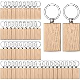 50 Pcs Wooden Keychain Blanks, Unfinished Wood Key Chains Bulk for DIY, Laser Engraving Gifts, Crafting, Gift Making, Rectangle Shape