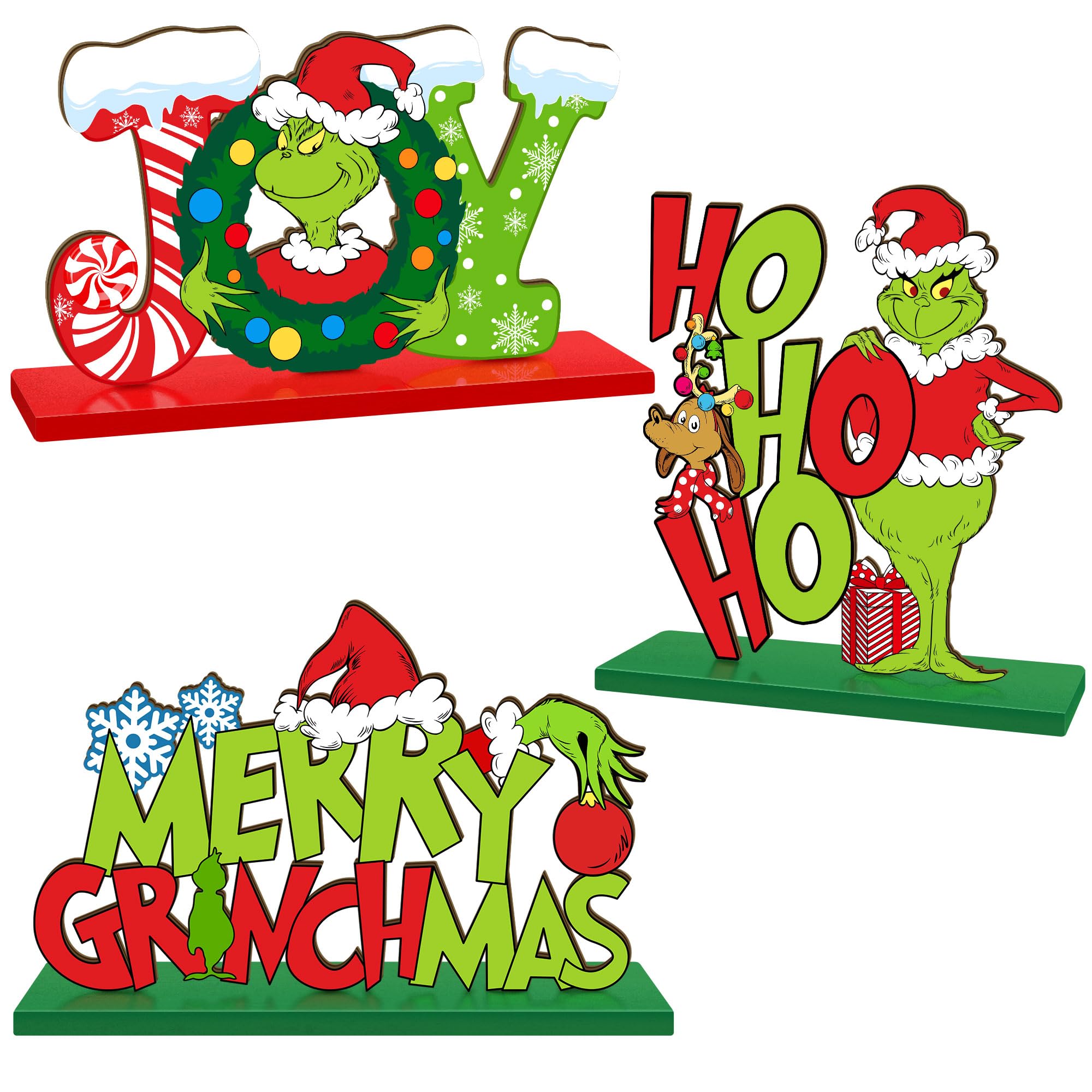 Photo 1 of 3 Pieces Christmas Table Signs Decorations, Merry Christmas Wooden Centerpiece Ornaments, Joy Wood Desktop Signs Decor for Kitchen Home Winter Whoville Xmas Holidays Theme Party Supplies